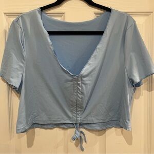 Baby Blue Cropped Drawstring-Tie Ruched-Front Top